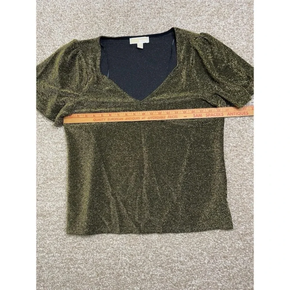 Michael Kors Womens L Glitter Sparkle Gold MK Short Sleeve T Shirt V-Neck‎
